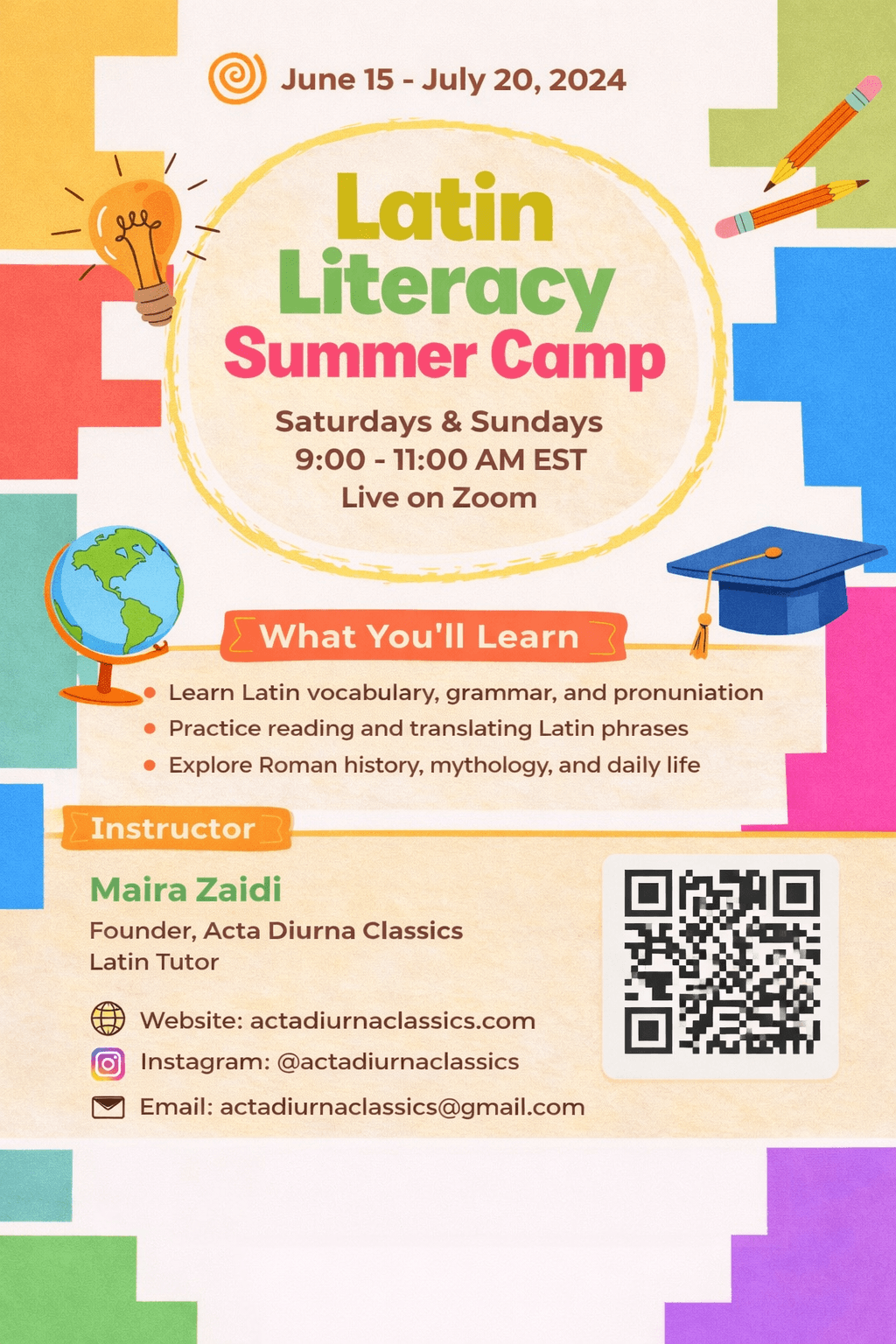 Latin Literacy Summer Camp 2024 — Colorful kids poster